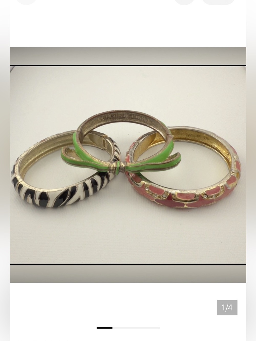 Vintage clamper bracelets 1 pink & green 1 black & white 1 green Rachel Leigh